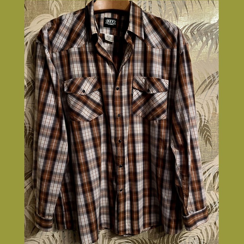 KEY Brown Plaid Men's Western Shirt ~ Pearl Snaps / Size 2XLT